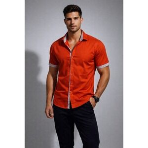 SUSLO COUTURE Mens Short Sleeve Slim Fit Button Up Shirt Orange XXL